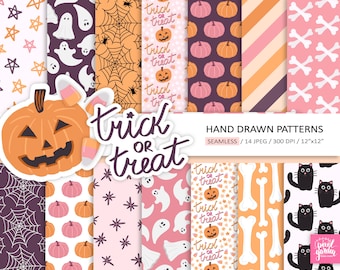 Cute Halloween Digital Paper. Hand Drawn Spooky Halloween Background. Pink, Orange Seamless Ghost, Pumpkin, Candy Illustration Background.