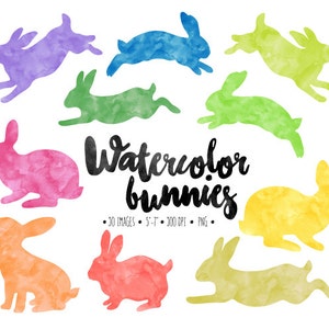 Watercolor Bunny Clip Art. Easter Bunny Silhouettes. Hand Painted Spring Bunny. Invitation, Scrapbook Rabbit, Woodland Animals Clipart