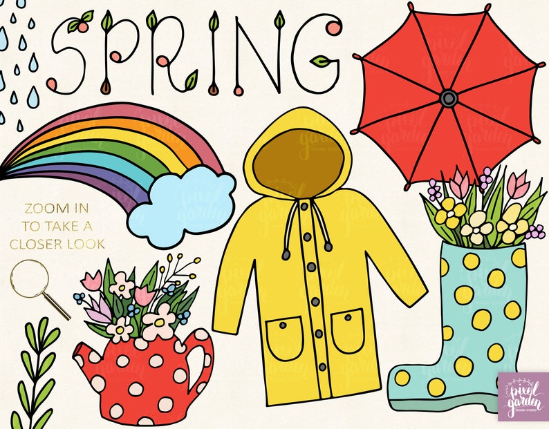 May include: A colourful illustration of spring featuring a rainbow, a yellow raincoat, a red umbrella, a teapot with flowers, and a rain boot with polka dots. The text "SPRING" is written in a whimsical font.