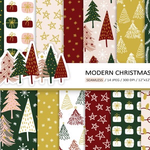 May include: A set of 14 digital paper patterns featuring a modern Christmas theme. The patterns include various designs such as stars, snowflakes, Christmas trees, presents, and lights in red, green, gold, and white colors. The text "MODERN CHRISTMAS" and "SEAMLESS / 14 JPEG / 300 DPI / 12"x12"" is included in the image.