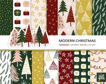 Minimalist Christmas Digital Paper. Modern Scandinavian Christmas Pattern. Doodle Christmas Tree Background. Hand Drawn Winter Holiday Paper