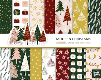 Minimalist Christmas Digital Paper. Modern Scandinavian Christmas Pattern. Doodle Christmas Tree Background. Hand Drawn Winter Holiday Paper