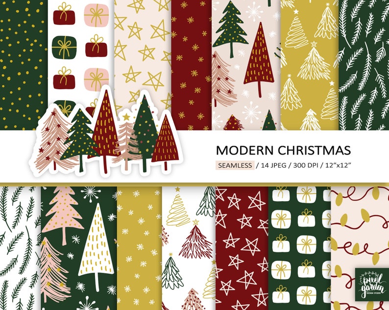 May include: A set of 14 digital paper patterns featuring a modern Christmas theme. The patterns include various designs such as stars, snowflakes, Christmas trees, presents, and lights in red, green, gold, and white colors. The text "MODERN CHRISTMAS" and "SEAMLESS / 14 JPEG / 300 DPI / 12"x12"" is included in the image.