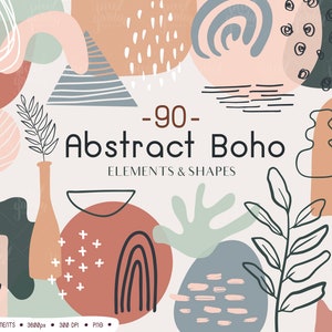 Imágenes Prediseñadas de formas bohemias abstractas. Clipart de elemento de collage abstracto orgánico. Menta, arco iris geométrico rosa dibujado a mano, planta, hoja, pinceladas