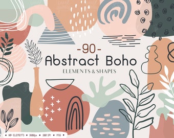 Abstract Boho Shapes Clip Art. Organic Abstract Collage Element Clipart. Mint, Pink Geometric Hand Drawn Rainbows, Plant, Leaf, Brushstrokes