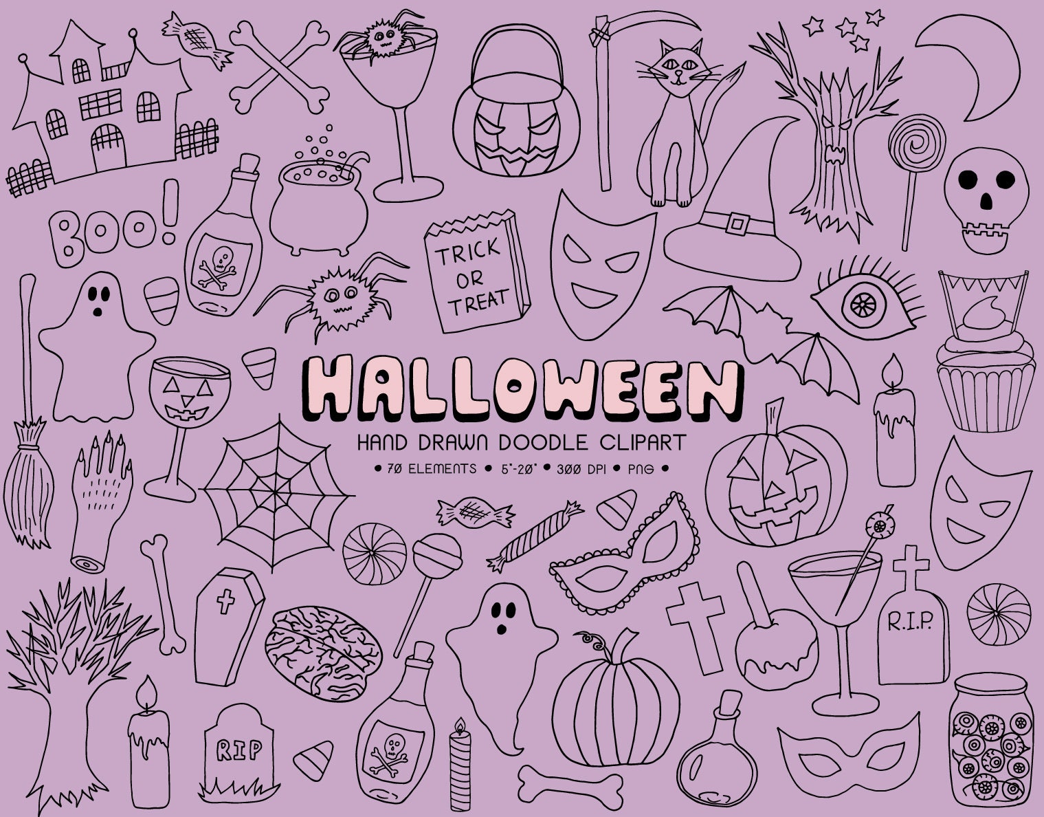 Premium Vector, Set doodle drawing hand drawn halloween black and white