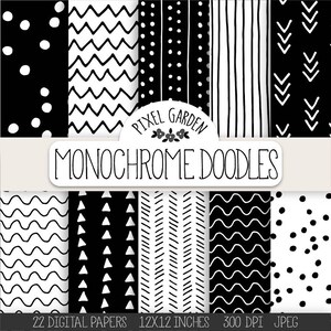 Doodle Digital Paper. Monochrome Geometric Chevron, Polka Dot, Stripe Scrapbooking Paper. Black, White Minimalist Hand Drawn Doodle Patterns image 2