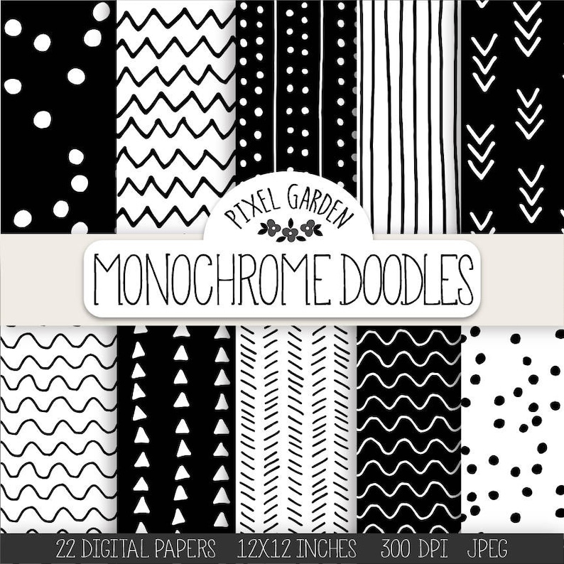 Doodle Digital Paper. Monochrome Geometric Chevron, Polka Dot, Stripe Scrapbooking Paper. Black, White Minimalist Hand Drawn Doodle Patterns image 2