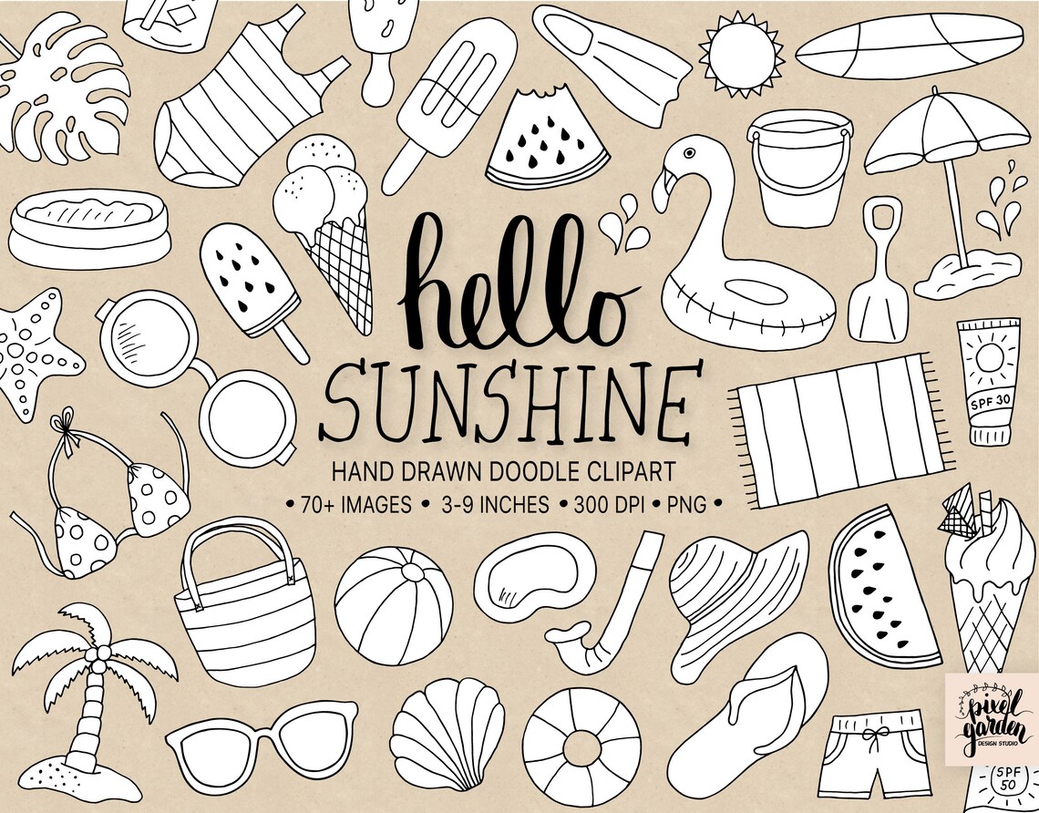 Schwarz & Weiß Sommer Clipart. Hand Strand Urlaub Etsy