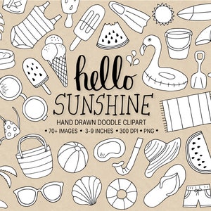 Schwarz-weiße Sommer-Clipart. Handgezeichneter Strand, Urlaub, Feiertags-ClipArt. Doodle-Eiscreme, Palmblatt, Pool, Wassermelone, Meeresillustrationen