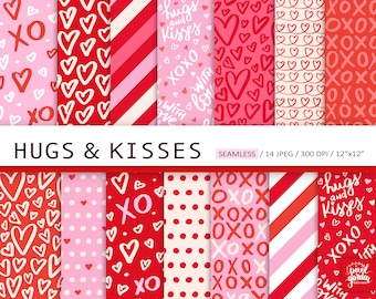 Love Seamless Patterns. Valentines Day Digital Paper. Hand Drawn Love, Heart, Xoxo Seamless Background. Doodle Love Fabric Sublimation Print