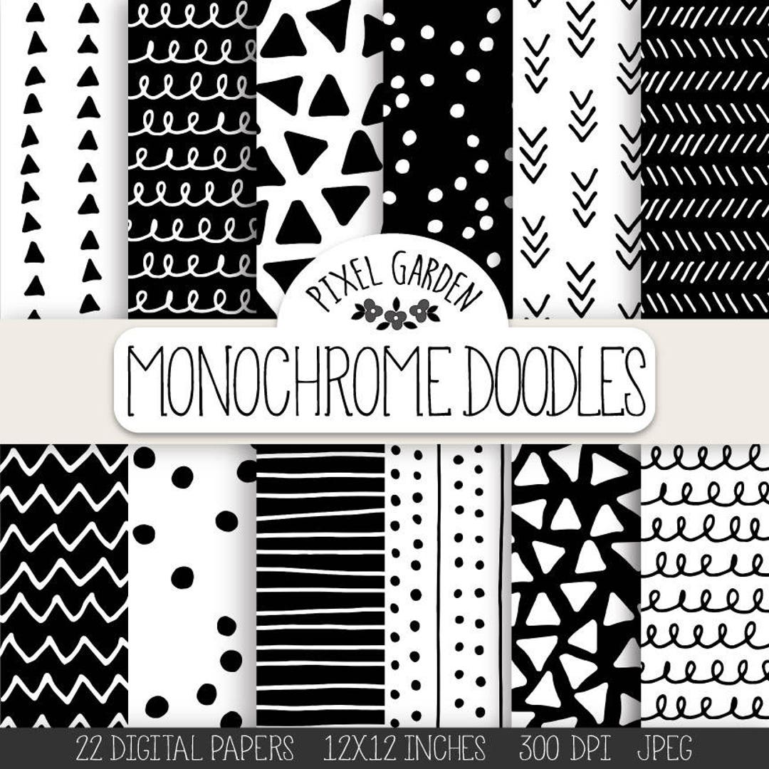 Doodle Digital Paper. Monochrome Geometric Chevron, Polka