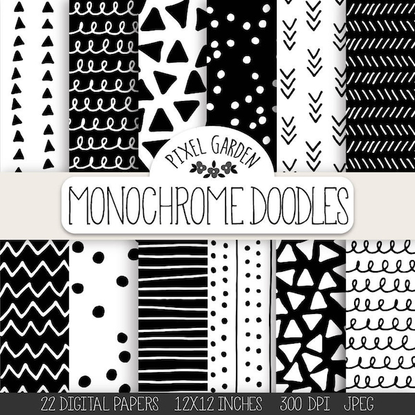 Doodle Digital Paper. Monochrome Geometric Chevron, Polka Dot, Stripe Scrapbooking Paper. Black, White Minimalist Hand Drawn Doodle Patterns