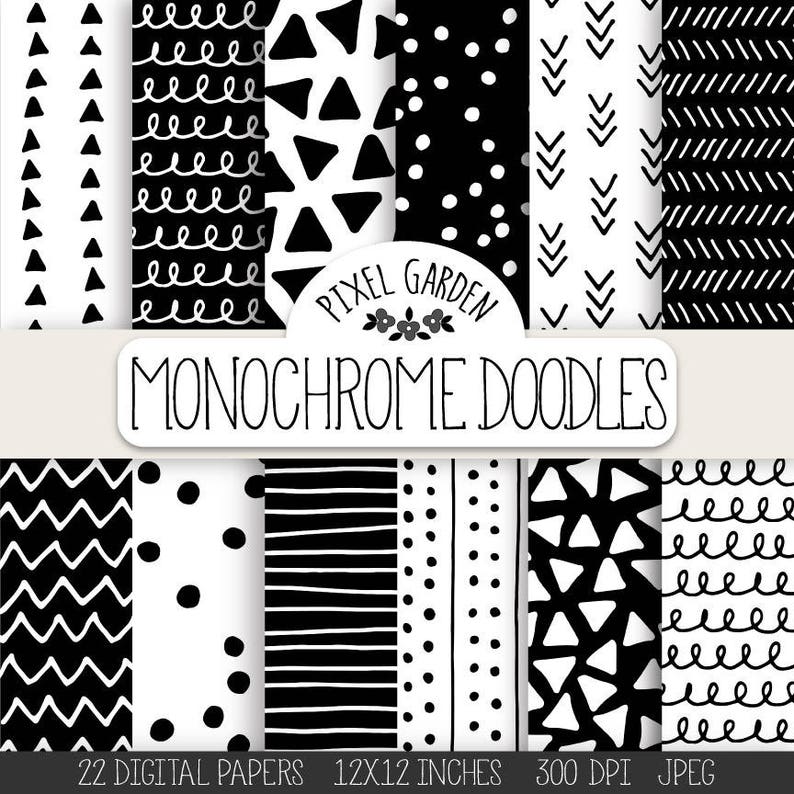 Doodle Digital Paper. Monochrome Geometric Chevron, Polka Dot, Stripe Scrapbooking Paper. Black, White Minimalist Hand Drawn Doodle Patterns image 1