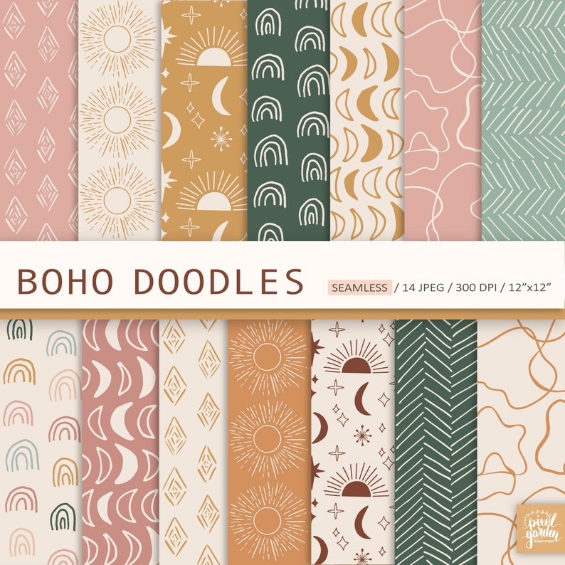 Boho Seamless Patterns. Abstract Doodle Digital Paper. Retro, Bohemian Scrapbook Paper. Modern, Minimalist Papers Bundle, Commercial Use. image 1