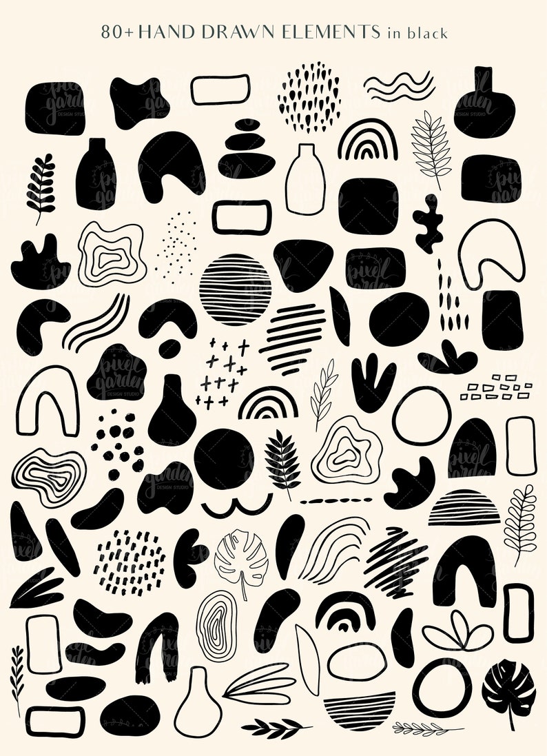 May include: A set of 80+ black and white hand-drawn elements, including abstract shapes, lines, dots, and leaves. These elements can be used for digital or physical projects.
