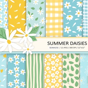 Carta digitale "Margherite estive". Motivo a margherite senza soluzione di continuità. Carta stampabile con margherite, fiori e motivi floreali. Carta per scrapbooking con motivo a quadretti giallo, blu e estivo.
