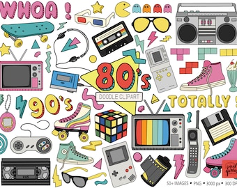 Jaren '80 Doodle Clipart. Hand getrokken jaren tachtig, negentig nostalgie illustraties. Jaren '80, '90 Rolschaats, Boombox, Game Console, VHS Casette Illustratie