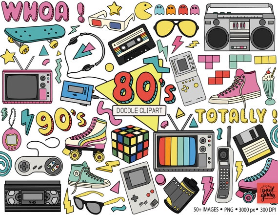 80s Doodle Clipart. Hand Drawn Eighties, Nineties Nostalgia Clip Art. 80s,  90s Roller Skate, Boombox, Game Console, VHS Casette Illustration 