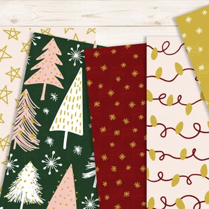 May include: A set of six digital paper patterns featuring Christmas themes. The patterns include pink and green Christmas trees, gold stars, red and gold snowflakes, and gold lights on a cream background.