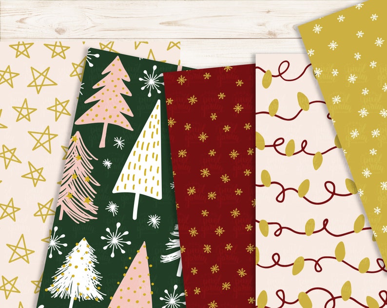 May include: A set of six digital paper patterns featuring Christmas themes. The patterns include pink and green Christmas trees, gold stars, red and gold snowflakes, and gold lights on a cream background.