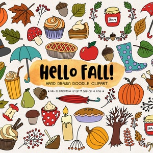 Hand Drawn Fall Clip Art. Doodle Autumn Clip Art. Thanksgiving Illustrations. Rain Boots, Umbrella, Pumpkin, Pie, Turkey, Fall Leaf Clipart.