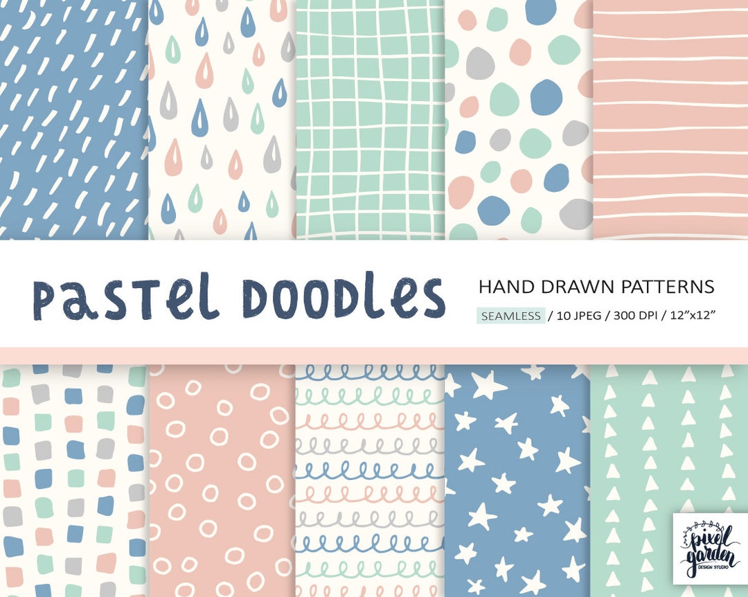 Doodle Digital Papers, Pink Yellow & Navy Boho Scandi Digital Paper Pack,  Hand drawn Patterns, Digital Scrapbooking Paper, Commercial Use