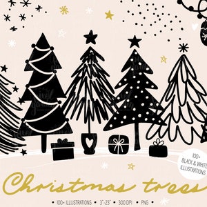 Schwarz & Weiß Weihnachtsbaum Clipart. Handgezeichnete minimalistische Illustrationen. Winter-Tannen Doodles. Skandinavische Weihnachtsbaum Geschenkanhänger, Karten.