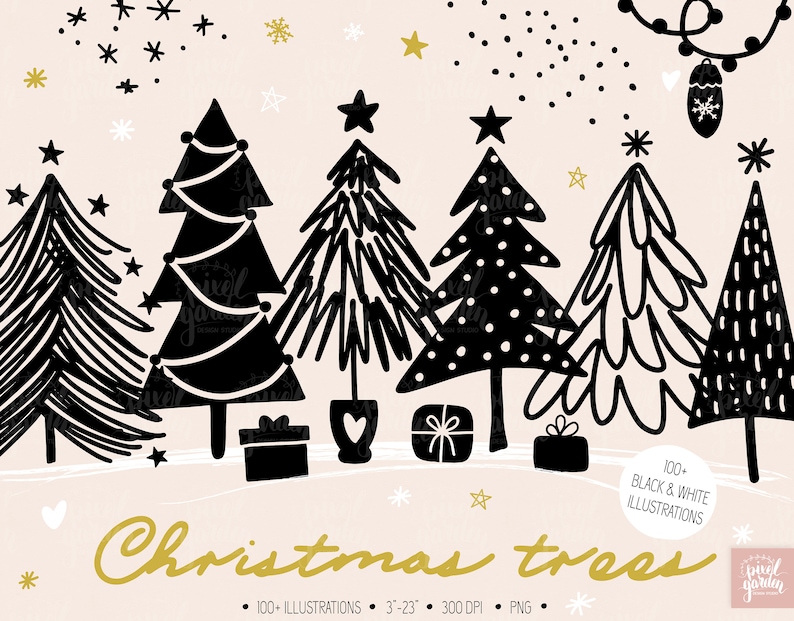 Black & White Christmas Tree Clipart. Hand Drawn Minimalist Illustrations. Winter Fir Doodles. Scandinavian Christmas Tree Gift Tags, Cards. image 1