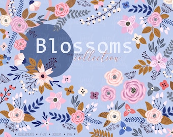 Handgezeichnete Blumen Clip Art. Handgezeichnete botanische Illustrationen. Wildblumen Elemente. Pastell Rosa, Lavendel Blumen Boquet, Blumenschmuck