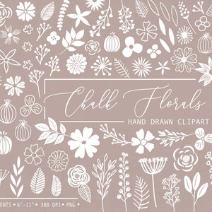 Kreide Blumen Clip Art. Doodle Wildblumen-Elemente. Handgezeichnete Tafel Illustrationen. Skandinavisches einfarbiges Blumenarrangement