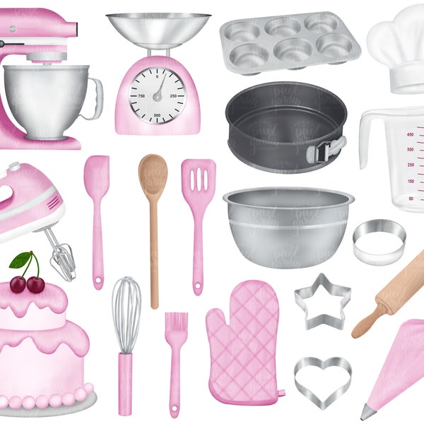 Baking PNG Clip Art. Hand Painted Cake Clipart. Home Bakery Illustrations. Retro Food, Kitchenaid, Mixer, Baking Supplies Planner Clipart.