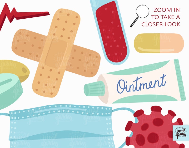 May include: A collection of medical supplies including a red heart beat symbol, a plaster, a tube of ointment labelled "Ointment", a pill, a capsule, a test tube with red liquid, a face mask, and a red virus illustration. The text "ZOOM IN TO TAKE A CLOSER LOOK" is also included.