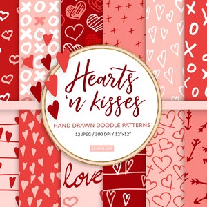 Valentinstag Digitales Papier. Minimalistische Liebe, Herz Hintergrund. Handgezeichnete Liebe, Herz, Xoxo nahtlose Muster. Pink, Rot, Pfirsich Doodles.