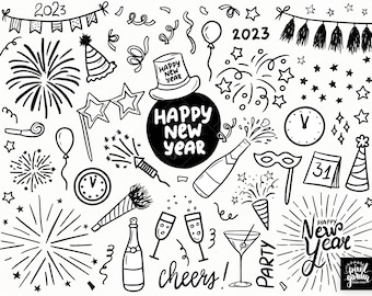 Happy New Year Clipart. Hand Drawn Minimalist Illustrations. 2023 New Year's Eve Doodles. Fireworks, Party, Champagne, Celebration Clipart.