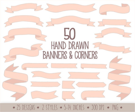 Hand Drawn Banners Clip Art Doodle Ribbon Banners Pastel Etsy