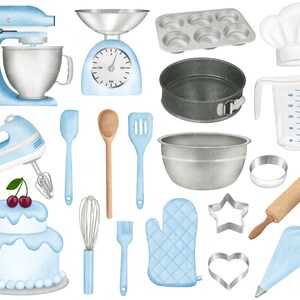 May include: A set of blue and silver baking tools and equipment, including a stand mixer, hand mixer, measuring cups, rolling pin, spatulas, cake pans, and a piping bag. There is also a blue and white cake with cherries on top.