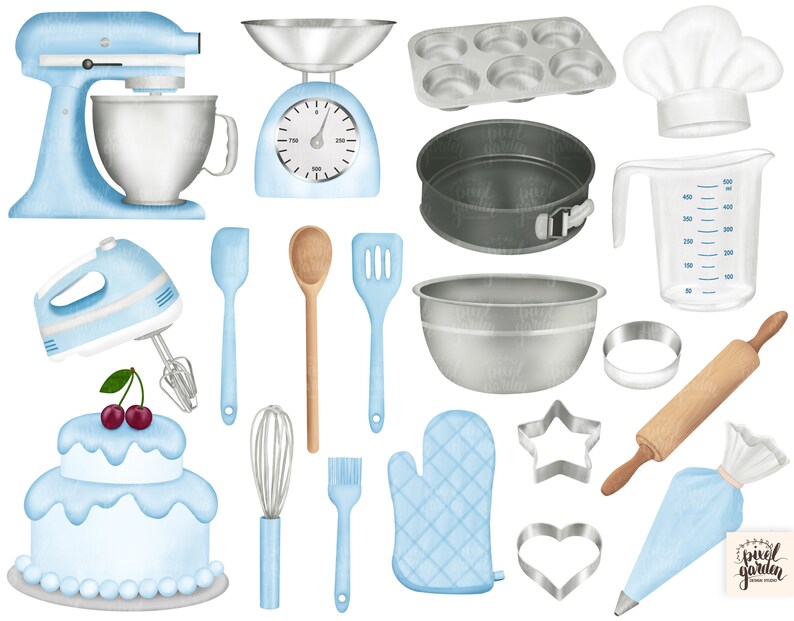 May include: A set of blue and silver baking tools and equipment, including a stand mixer, hand mixer, measuring cups, rolling pin, spatulas, cake pans, and a piping bag. There is also a blue and white cake with cherries on top.