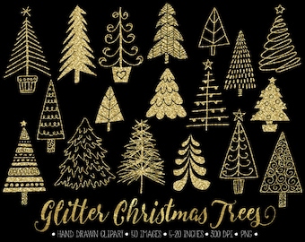 Gold Glitter Christmas Tree Clip Art. Doodle Christmas Trees PNG. Digital Hand Drawn Winter, Sparkly Gold Clipart for Gift Tags, Cards.