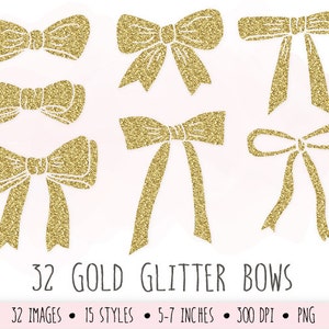 Arte de clipe de arcos de brilho dourado. Arte de clipe de fitas de brilho dourado. Arcos desenhados à mão para Scrapbooking. Laço de Natal Dourado. Clipart de arco de aniversário. imagem 3