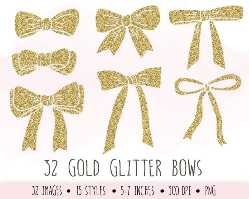 Arte de clipe de arcos de brilho dourado. Arte de clipe de fitas de brilho dourado. Arcos desenhados à mão para Scrapbooking. Laço de Natal Dourado. Clipart de arco de aniversário. imagem 3