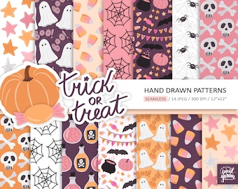 Cute Halloween Digital Paper. Hand Drawn Spooky Halloween Background. Pink, Orange Seamless Ghost, Pumpkin, Candy Illustration Background.