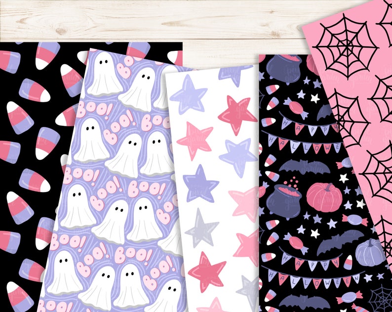 Purple Halloween Digital Paper. Hand Drawn Spooky Halloween Background. Cute Pink Seamless Ghost, Pumpkin, Candy Illustration Background. image 2