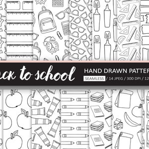Black & White Back To School Digital Paper. Hand Drawn Student, Teacher Background. Doodle School, Office Supplies, Stationery Patterns