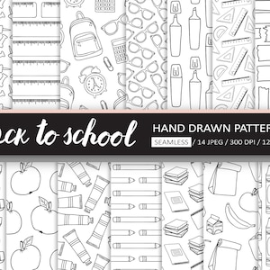 Black & White Back To School Digital Paper. Hand Drawn Student, Teacher Background. Doodle School, Office Supplies, Stationery Patterns