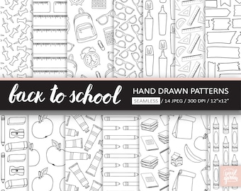 Black & White Back To School Digital Paper. Hand Drawn Student, Teacher Background. Doodle School, Office Supplies, Stationery Patterns