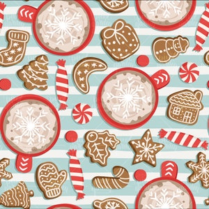 May include: A festive pattern featuring gingerbread cookies, candy canes, and snowflake-decorated mugs on a light blue and white striped background. The cookies are in various shapes, including stars, mittens, and houses.
