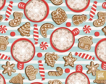 Christmas Seamless Pattern for Custom Fabric Printing. Repeatable Hot Chocolate, Gingerbread, Christmas Candy, Stripes, Cocoa Digital Paper.
