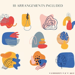 May include: Ten abstract arrangements featuring colorful shapes, lines, and patterns. The arrangements include a variety of colors, including red, blue, yellow, orange, pink, and green. The arrangements are perfect for adding a touch of modern art to any space.