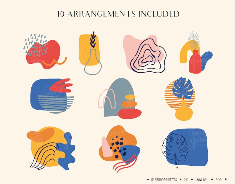 May include: Ten abstract arrangements featuring colorful shapes, lines, and patterns. The arrangements include a variety of colors, including red, blue, yellow, orange, pink, and green. The arrangements are perfect for adding a touch of modern art to any space.